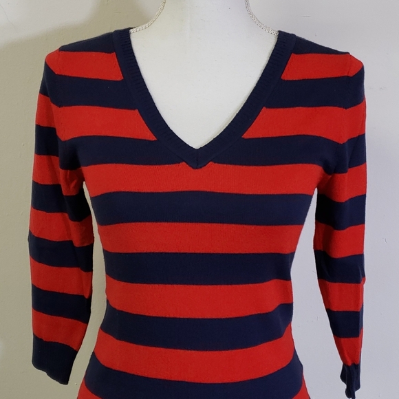 Striped Red and Blue V Neck Sweater Fitted - Picture 3 of 6